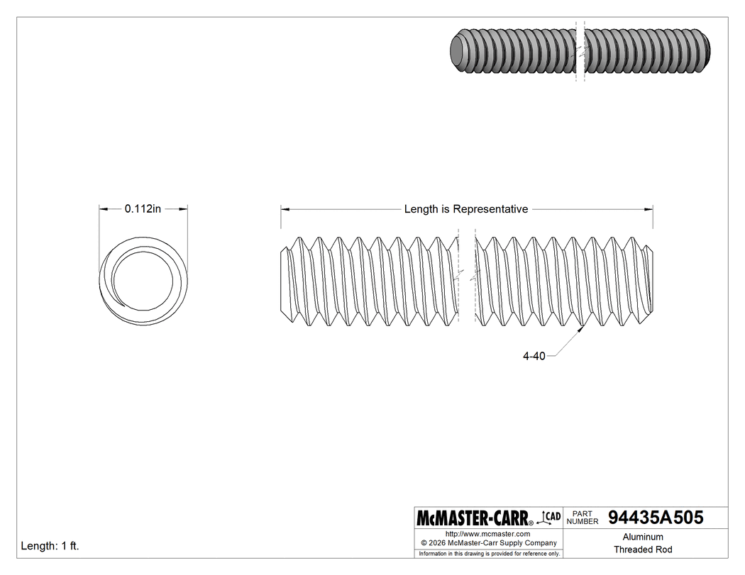 Technical Drawing of Aluminum Threaded Rod, 4-40 Thread Size, 1 Foot Long.